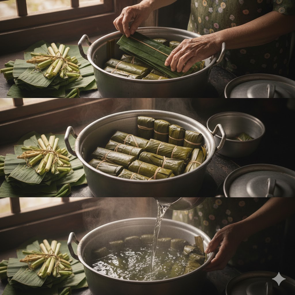 Quy trình nấu bánh tét trên bếp lửa truyền thống.