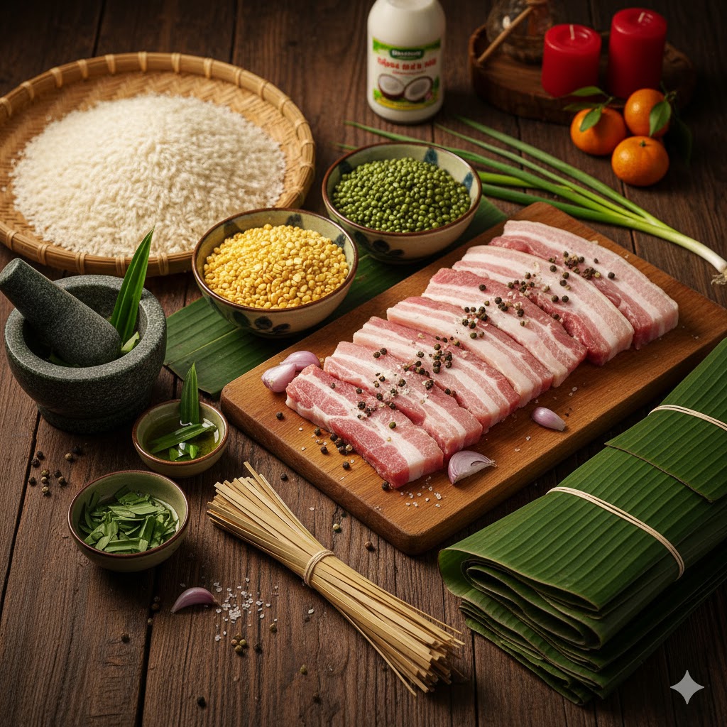 Toàn bộ nguyên liệu cần thiết cho món bánh tét.