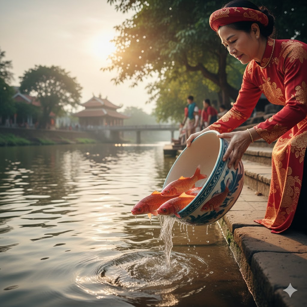 Phóng sinh cá chép sau khi cúng 