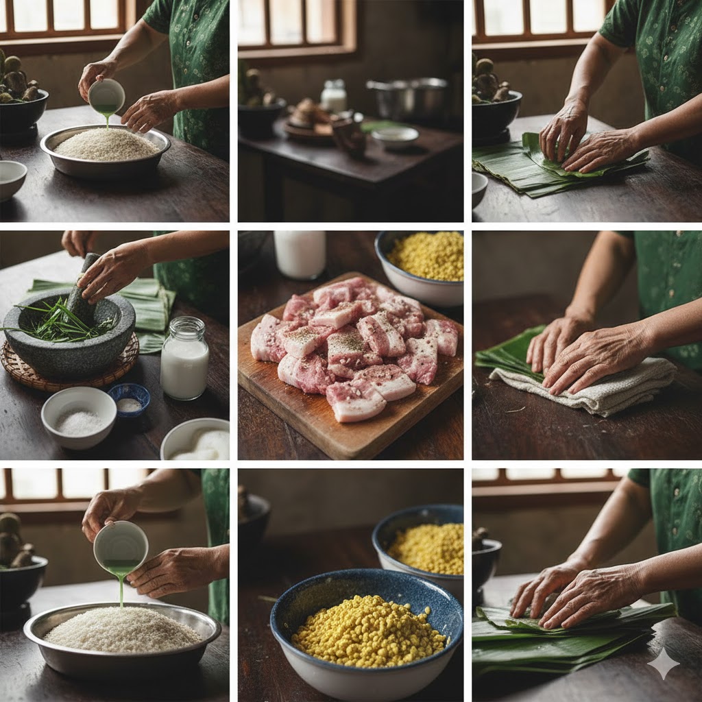 Quy trình cuộn nhân, tạo hình và buộc lạt cho đòn bánh tét.