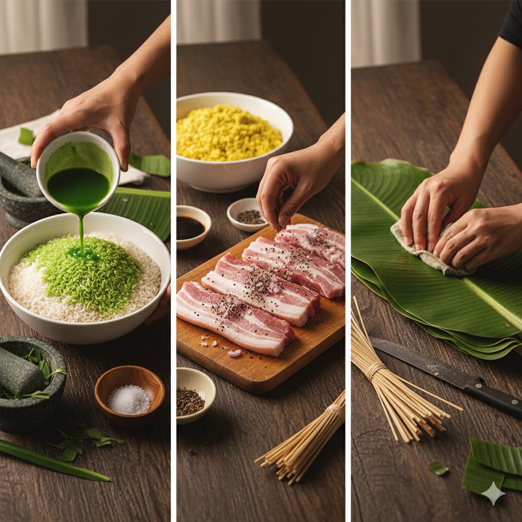 Sơ chế gạo nếp với nước lá dứa, ướp thịt ba chỉ và làm mềm lá chuối.