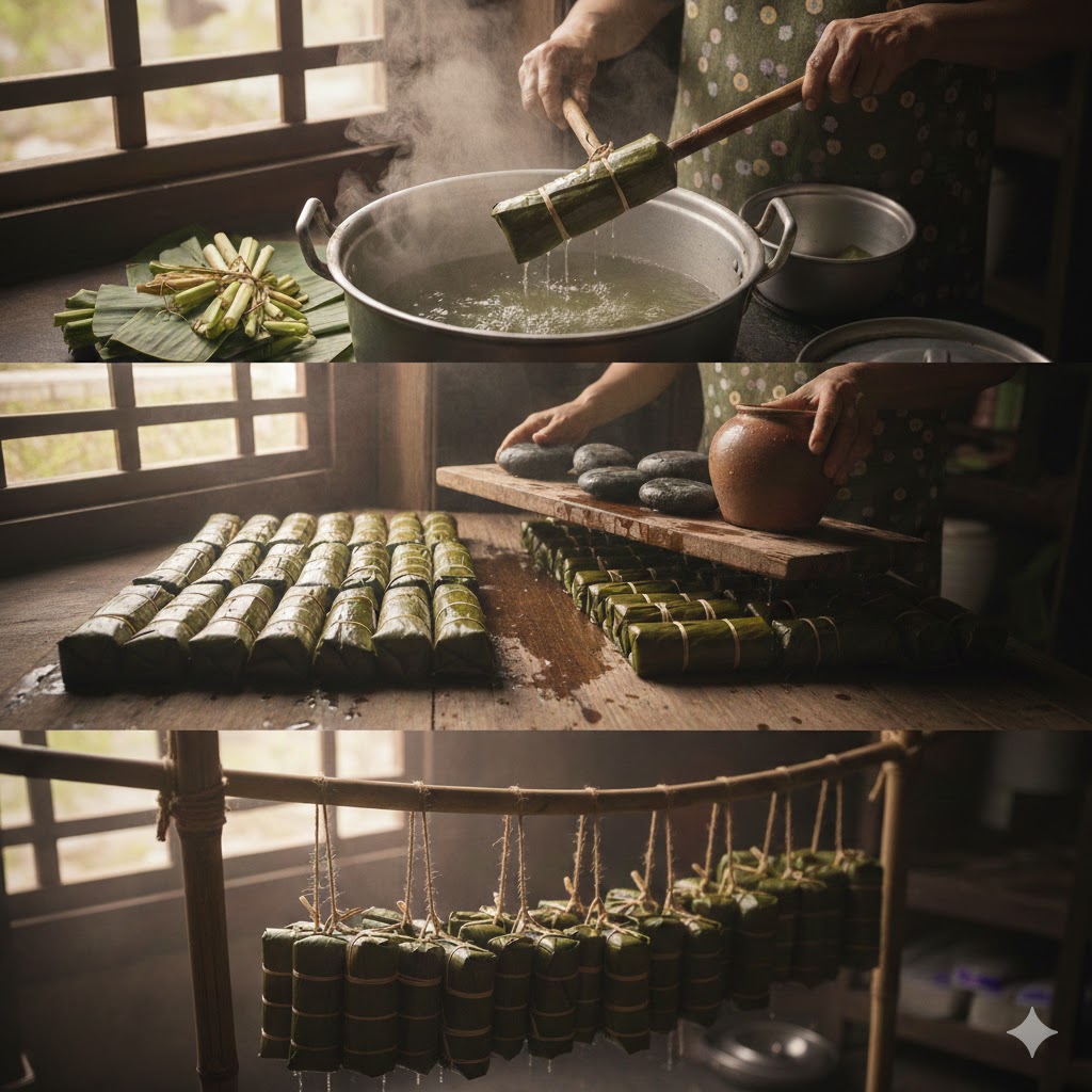 Quy trình rửa và ép bánh tét sau khi luộc để bánh chắc và đẹp