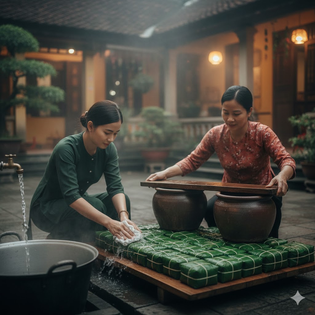 Sau khi luộc Bánh Trưng 10 tiếng thì vớt 